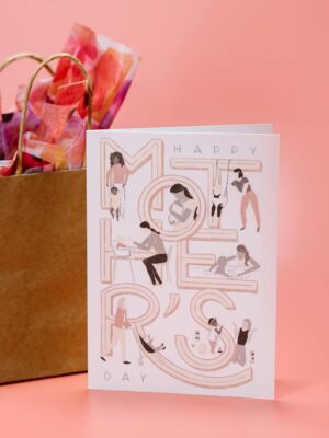 Elegant Mother's Day card with gift bag on a pink background. Perfect for celebrating mom.